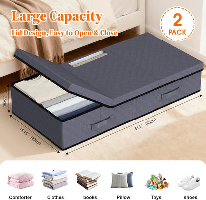 StoreHappily Under Bed Storage Containers - Foldable & Stackable Bags with Clear Window | 2 Pack (Grey)