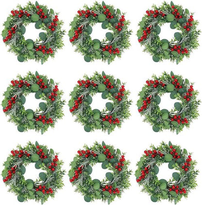 Daifunli Mini Wreaths - 8 Pcs 10-Inch Christmas Candle Rings with Red Berries & Eucalyptus Decor