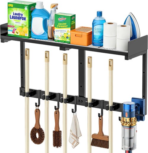 HUFAND Broom Holder Wall Mount - Heavy Duty Mop Organizer with Top Shelf & Vacuum Hook | 27" Black Utility Rack for Laundry, Garage, Kitchen, Garden