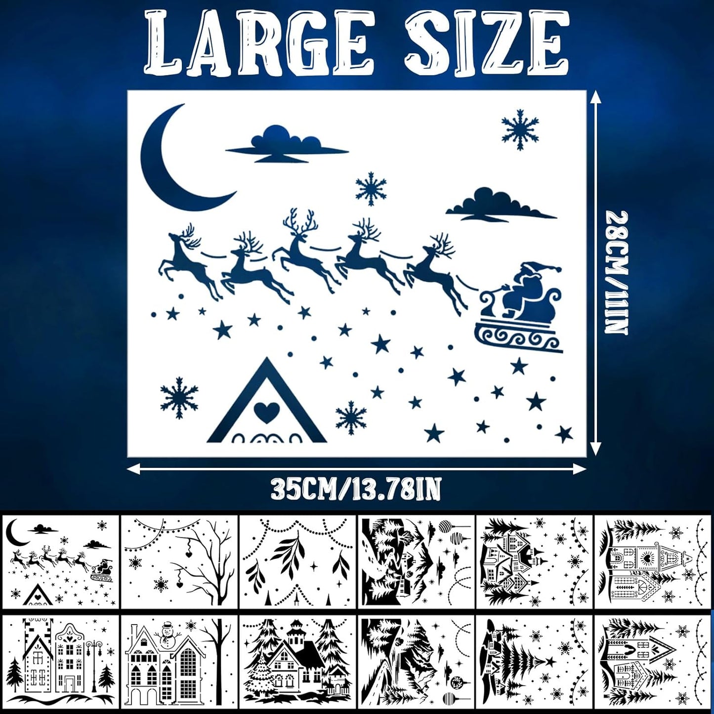 Skiennix 12 Pcs Christmas Stencils - Large 13.78 x 11 Inch Reusable Holiday Templates for DIY Window Decor
