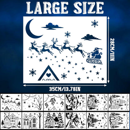 Skiennix 12 Pcs Christmas Stencils - Large 13.78 x 11 Inch Reusable Holiday Templates for DIY Window Decor