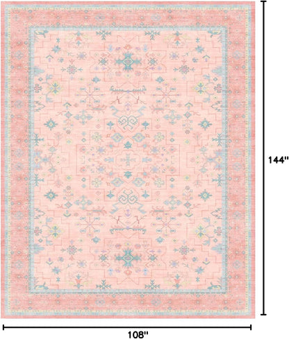 Oushak Rugs | Washable Pink & Blue 9x12 Living Room Rug | Modern Floral Design, Soft Faux Wool