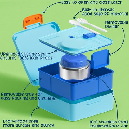 Fimibuke Kids Bento Lunch Box - Leakproof Insulated Container with 8.5oz Food Jar & Utensils | BPA Free, Dishwasher Safe