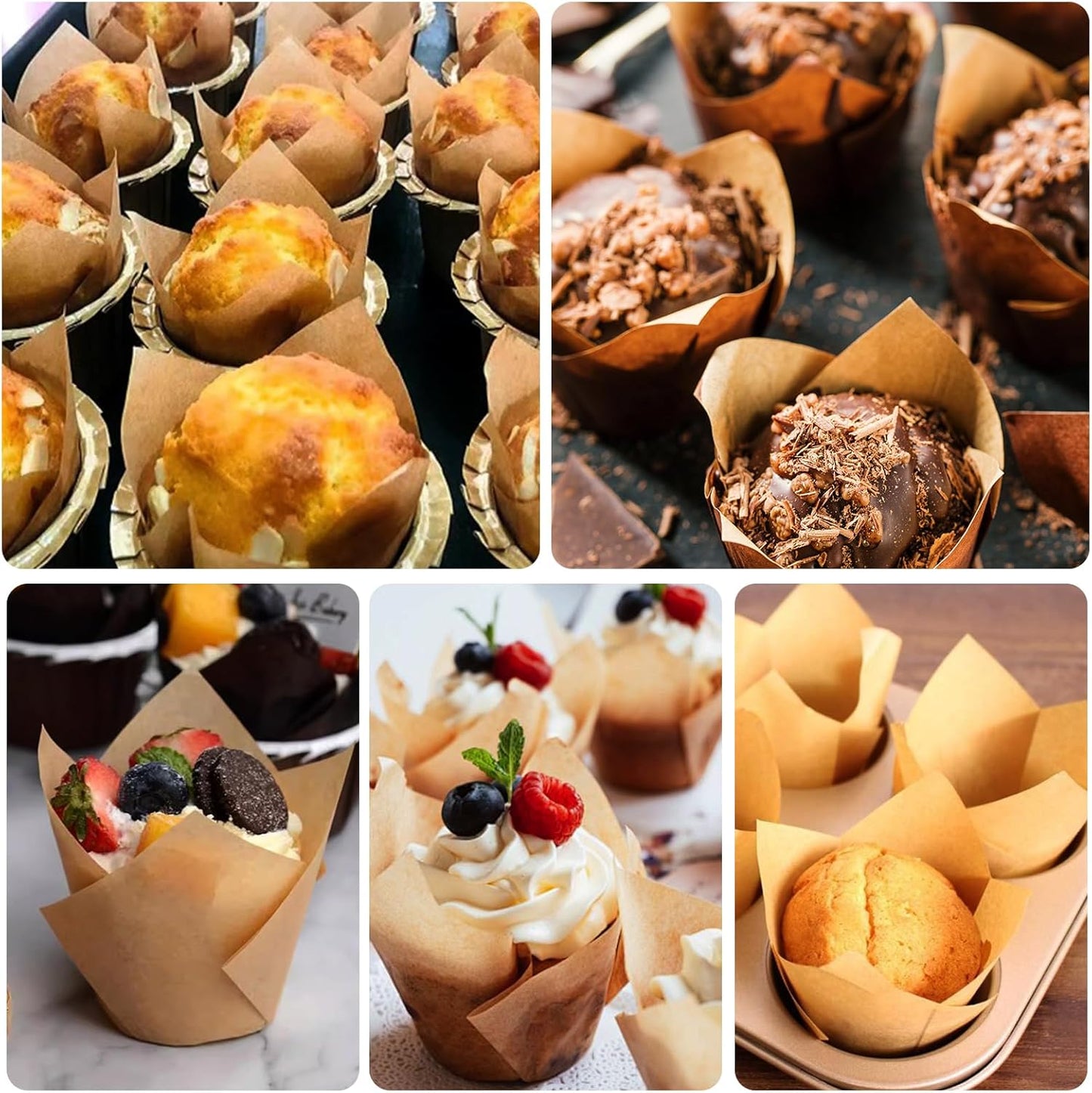 Neyimqr Natural Tulip Cupcake Liners - 120 Count Food Grade Parchment Paper Muffin Holders | Greaseproof for Parties & Holidays