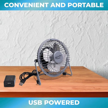 Comfort Zone Mini Desk Fan - High Velocity 4-Inch All-Metal USB Fan with 360° Tilt & Quiet Operation | Portable for Home & Travel