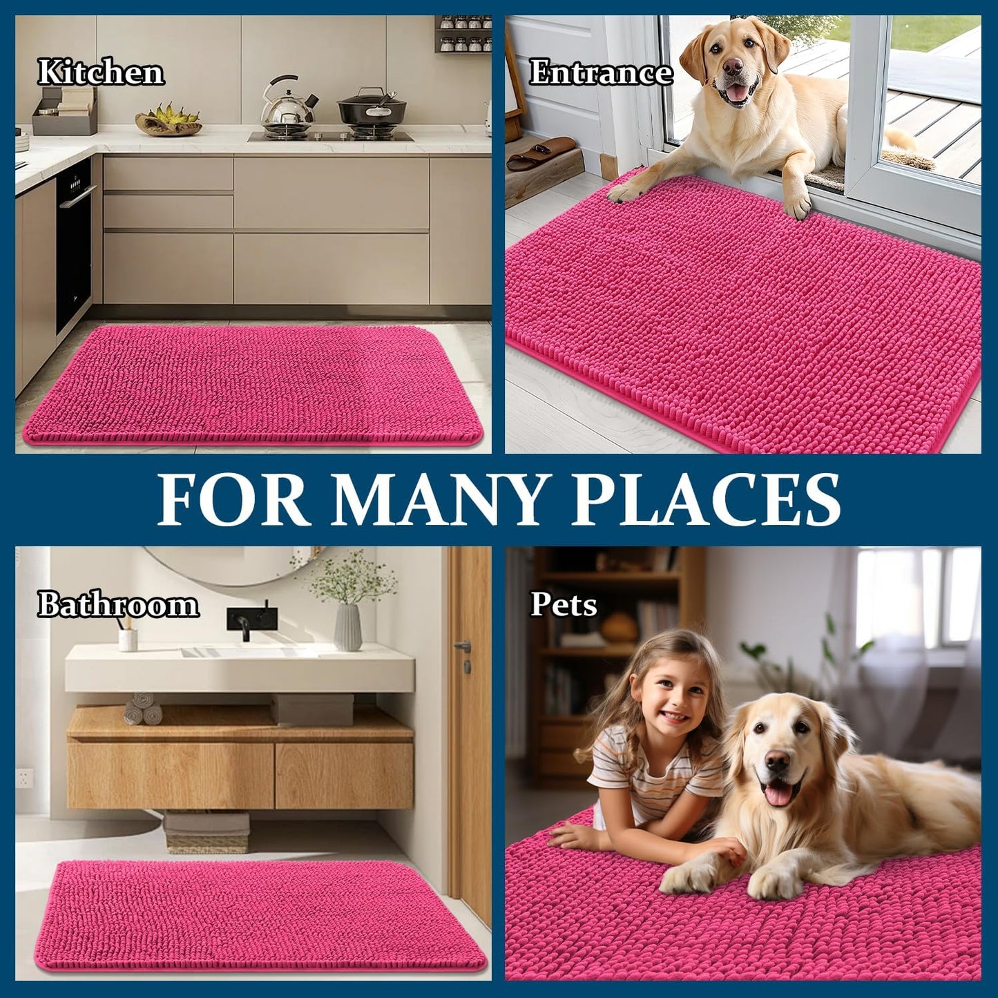 OLANLY Dog Door Mat - Absorbent Non-Slip Washable Mud Mat for Dogs | 44x24, Hot Pink, Quick Dry Chenille