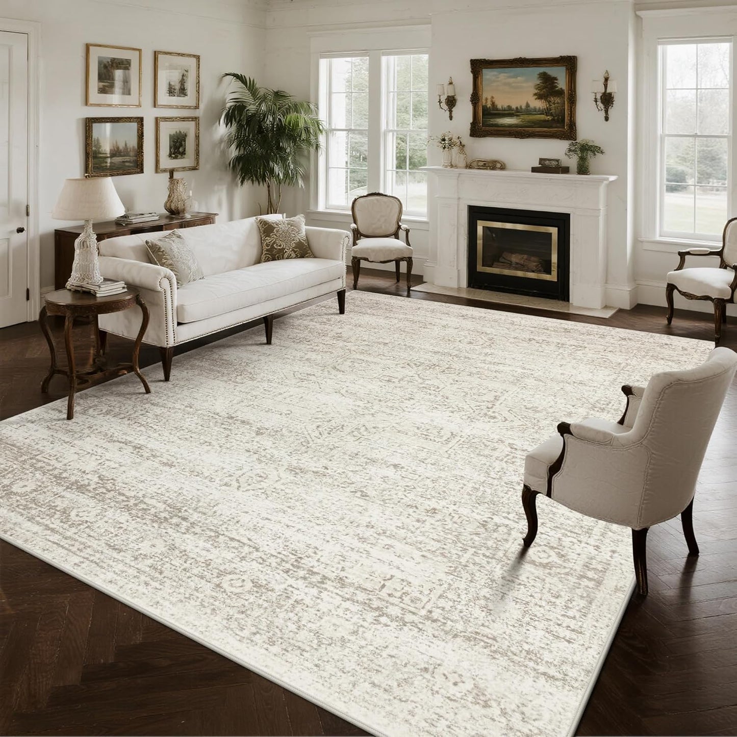 Srugn Washable Area Rugs - Ultra Soft Faux Wool 10x14 Living Room Carpet | Non-Slip Vintage Print Rug