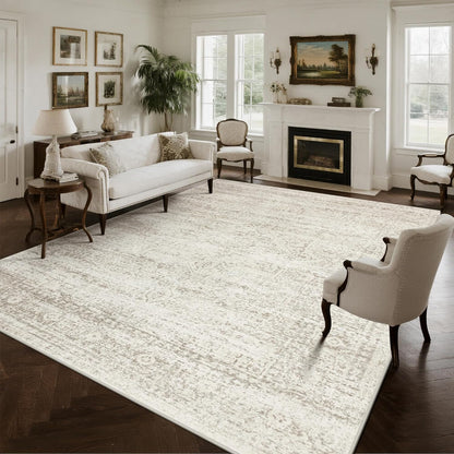 Srugn Washable Area Rugs - Ultra Soft Faux Wool 10x14 Living Room Carpet | Non-Slip Vintage Print Rug