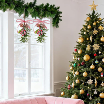 Mistletoe Christmas Decor Hanging with Plaid Bow, 2 Pcs, Red Berries – 10in Aesthetic Kissing Ball (Variation: Green+2)