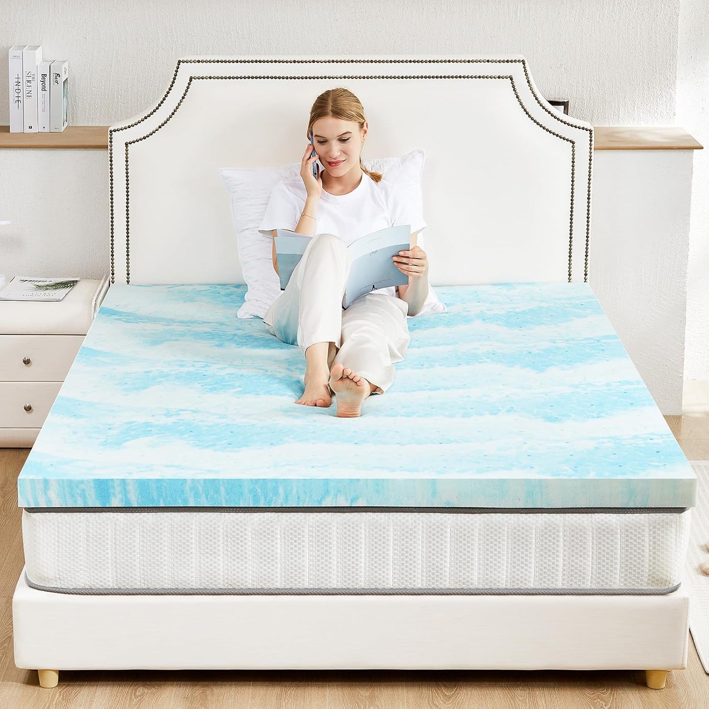 Sweetcrispy Mattress Topper - 2 Inch Thick Memory Foam Gel Infused Cooling Pad for Queen Size Bed | CertiPUR US Certified, Breathable Blue