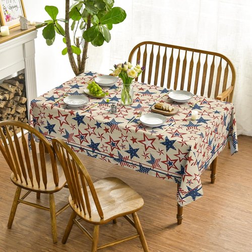 Horaldaily Rectangular Tablecloth - 60x84 Inch Patriotic Blue & Red Star Design for 4th of July Celebrations