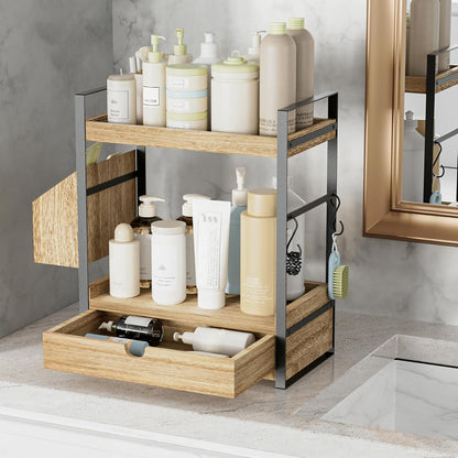 Skiennix 2-Tier Bathroom Counter Organizer - Wood Vanity Storage with Drawer & Basket