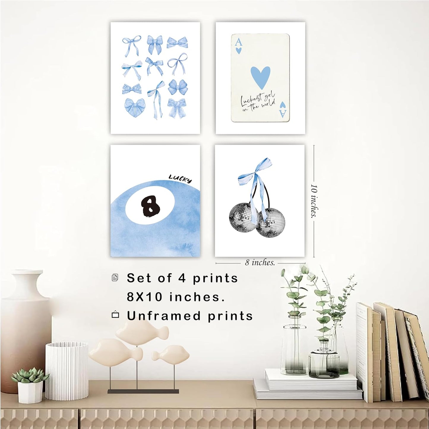 Okaxscm Wall Art Prints Set of 4 - Trendy Light Blue Coquette Decor for Girls' Bedroom | 8x10 Unframed