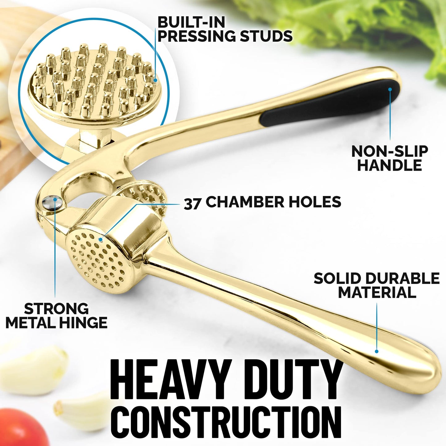 Zulay Kitchen Premium Garlic Press with Soft, Easy to Squeeze Handle - Includes Silicone Garlic Peeler & Cleaning Brush - 3 Piece Garlic Mincer Tool - Sturdy Easy to Clean Garlic Crusher (Gold)