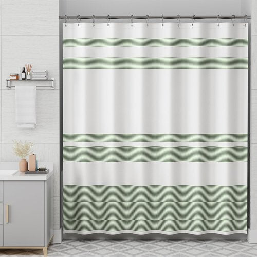 AmazerBath Shower Curtain, Washable Cloth Sage Green with 12 Shower Curtain Hooks, Fabric Green and White Striped Set, Farmhouse Bathroom Shower Curtain, 72x72 Inches