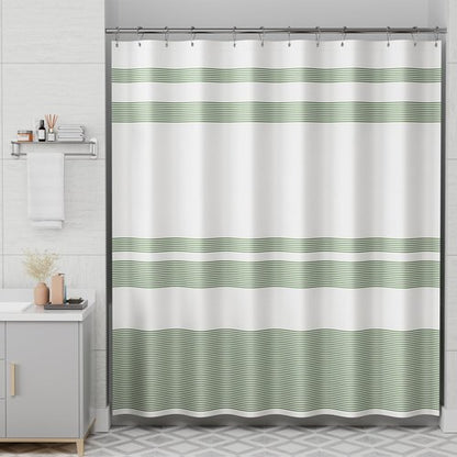 AmazerBath Shower Curtain, Washable Cloth Sage Green with 12 Shower Curtain Hooks, Fabric Green and White Striped Set, Farmhouse Bathroom Shower Curtain, 72x72 Inches