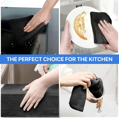 Skiennix 100% Cotton Waffle Weave Kitchen Towels - Ultra Soft & Absorbent, 6 Pack, 12x12 Inches | Black