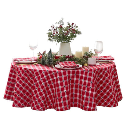 70" Round Christmas Tablecloth with Little Christmas Trees, Cotton Plaid – Lintex
