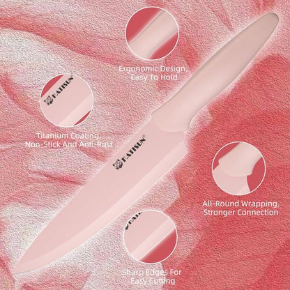 KATISUN Kitchen Knife Set with Guards, 13 Piece Pink Non-Stick Boxed Knives Set, Anti-Rust and Dishwasher Safe, 6 Knives with 6 Blade Covers and Kitchen Shears