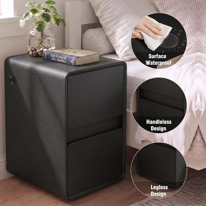 Modern Leather Nightstand with 2 Drawers, USB Charging & 16" Black
