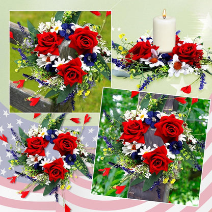Veterans Day Candle Rings - 4 Pcs Red, White & Blue Mini Floral Wreaths for Patriotic Decor
