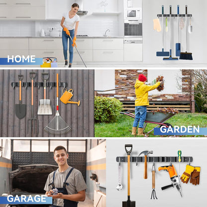 ZONGOOL Broom Holder Wall Mount - Heavy Duty 4 Racks & 5 Hooks Organizer for Home, Kitchen, Garage (Black)
