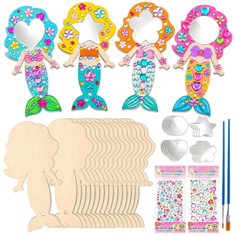 Mermaid Variation 16Pcs Wooden Princess Mirror Craft Party Favors for Kids DIY Decorate