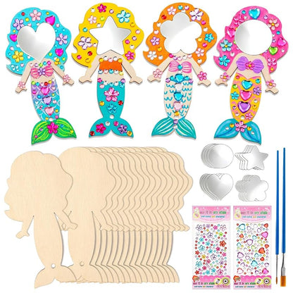 Mermaid Variation 16Pcs Wooden Princess Mirror Craft Party Favors for Kids DIY Decorate