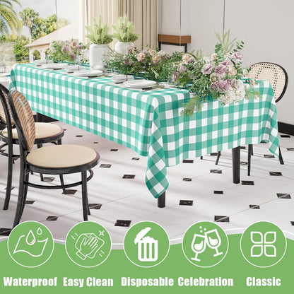 Smiry Teal Gingham Disposable Tablecloths - 3 Pack Heavy Duty Waterproof 54" x 108" Covers for Parties