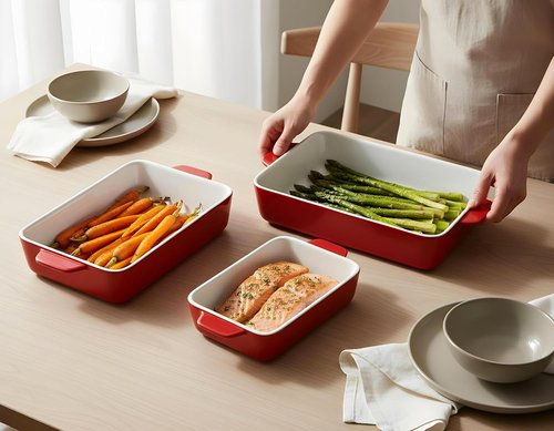 Kook Ceramic Bakeware Set - Rectangular Baking Dishes for Casseroles & Lasagna | 3-Piece Set in Cherry