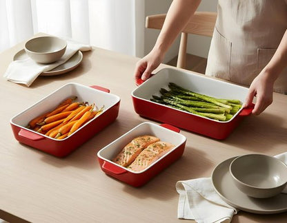 Kook Ceramic Bakeware Set - Rectangular Baking Dishes for Casseroles & Lasagna | 3-Piece Set in Cherry