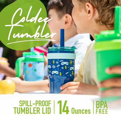 REDUCE 14 oz Coldee Tumbler with Handle for Kids Leakproof Insulated Stainless Steel Mug with Lid & Spill-Proof Straw, Keeps Drinks Cold up to 18 Hrs, Nautical Mist