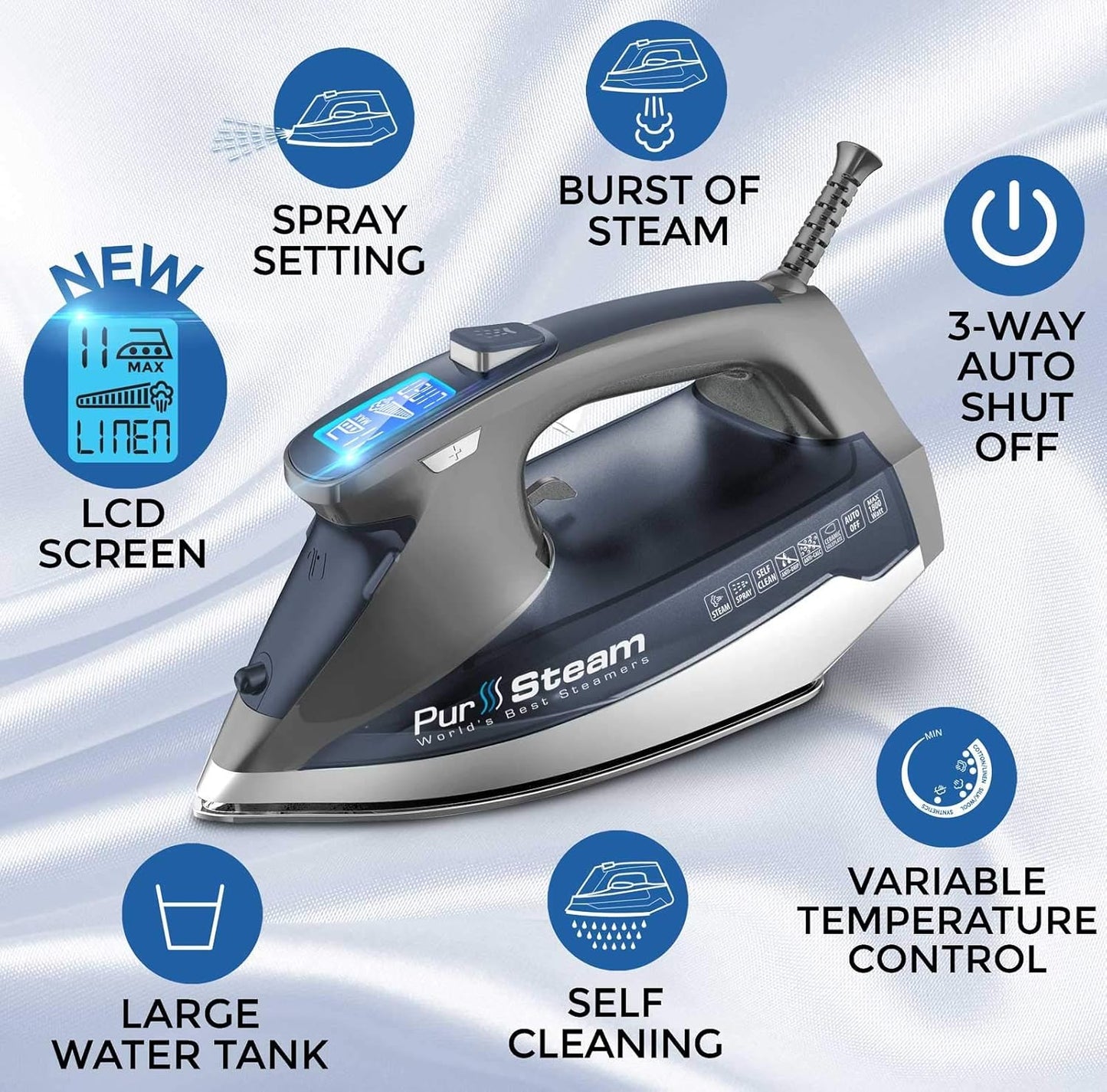 Pursteam Steam Iron - 1800W with LCD Screen, Nonstick Ceramic Soleplate & Auto Shutoff | Self-Cleaning Feature