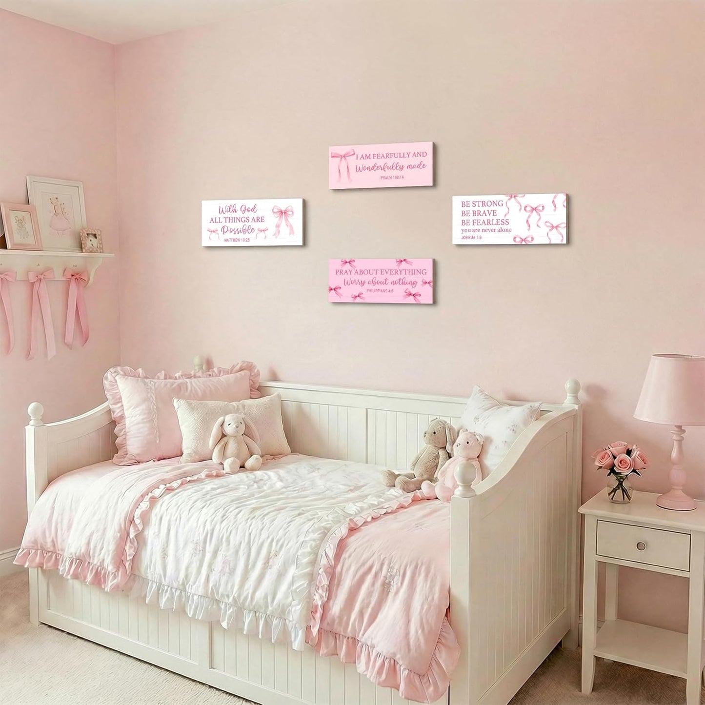 Skiennix 4Pcs Pink Bow Wooden Wall Decor - Cute Christian Art for Teen Girls' Nursery & Bedroom
