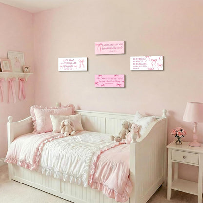 Skiennix 4Pcs Pink Bow Wooden Wall Decor - Cute Christian Art for Teen Girls' Nursery & Bedroom