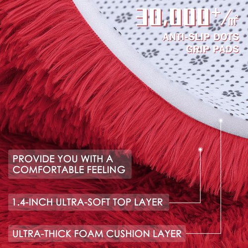 OLANLY Red Round Rugs for Bedroom - Machine Washable, 9 ft Circle Area Rugs for Living Room, Soft and Fluffy Shaggy Carpet for Teen Girls and Boys, Nursery Rooms, Dorms, Home Decor Aesthetic