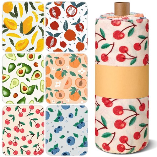 Redbaker 30 Pcs Reusable Paper Towels Rolls Towels Bulk Kitchen Washable Paperless Cloth Cotton Hand Napkins with Cardboard Reusable Napkins for Kitchen Bathroom (Fruit Design)