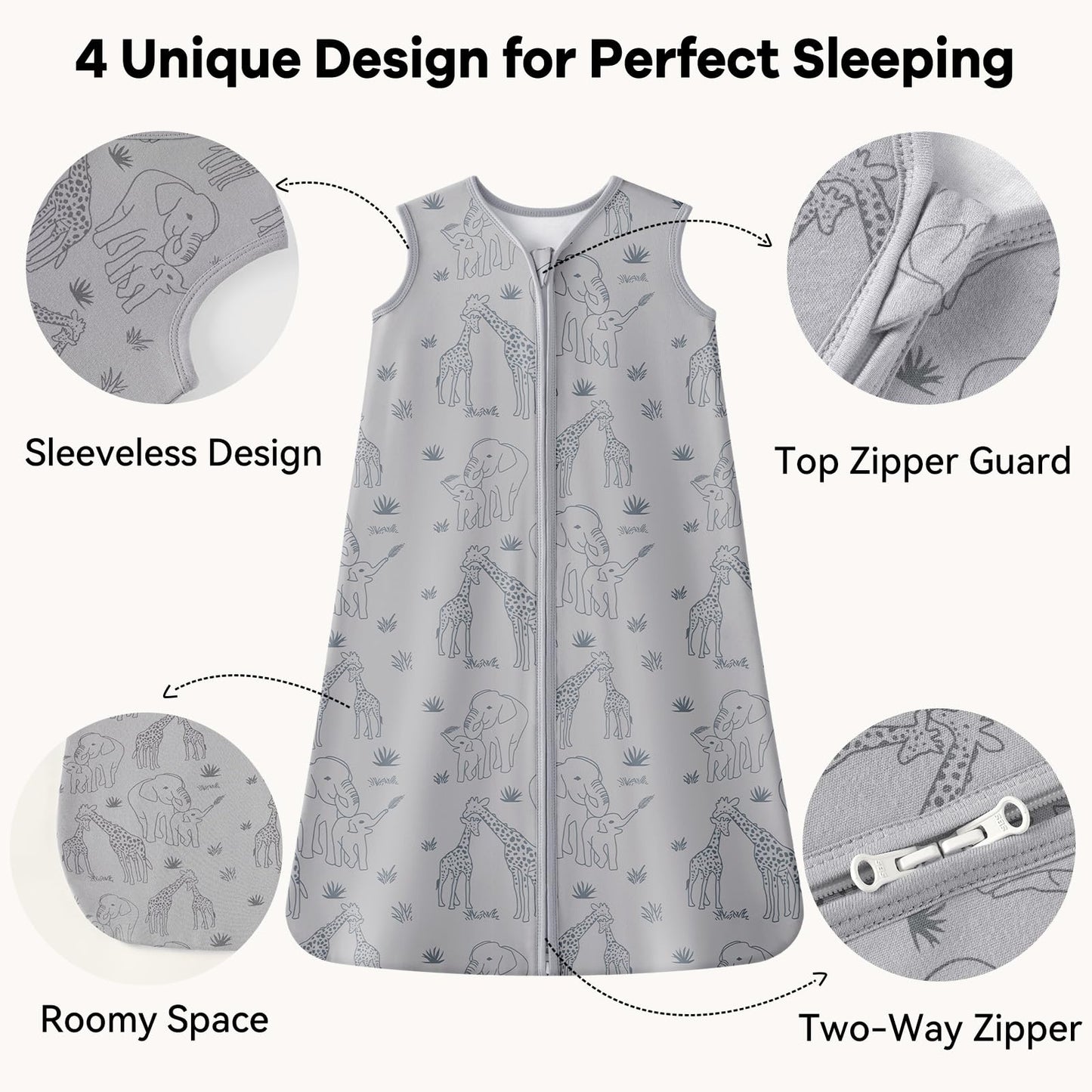 Unnivoll Baby Sleep Sack 6-12 Months 1.0 Tog Baby Wearable Blanket 100% Cotton Sleeping Sack with 2-Way Zipper for Infant Newborn Apricot & Gray Elephant