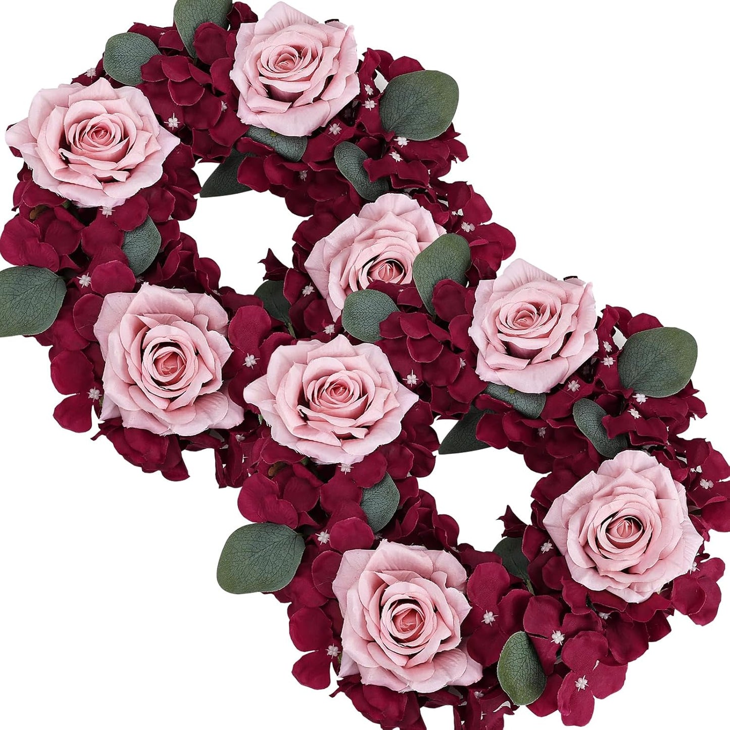 Skiennix Artificial Flower Candle Rings - 6-Inch Rose Floral Wreaths with Butterflies | Burgundy & Dusty Pink