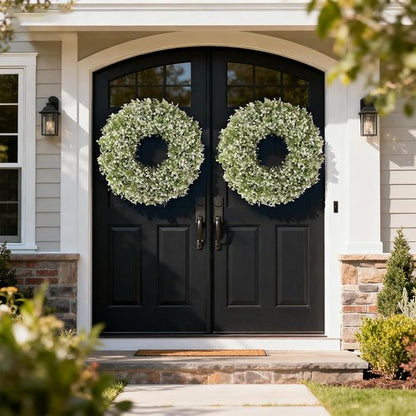 Aglaia Odorata 26" Artificial Boxwood Wreath - Large Faux Eucalyptus Leaves for Year-Round Outdoor Decor | White-Green