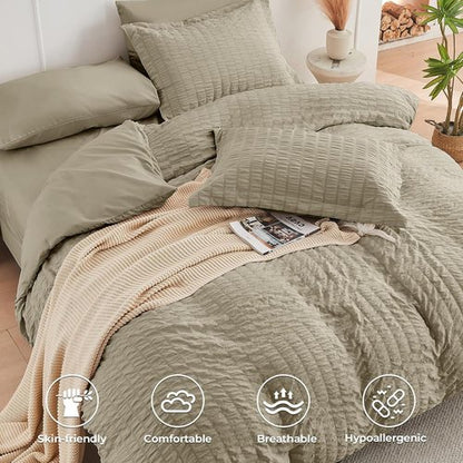 HYMOKEGE Linen Full Size Comforter Set - All Season Luxury Bedding in Seersucker Design | 7 Pieces
