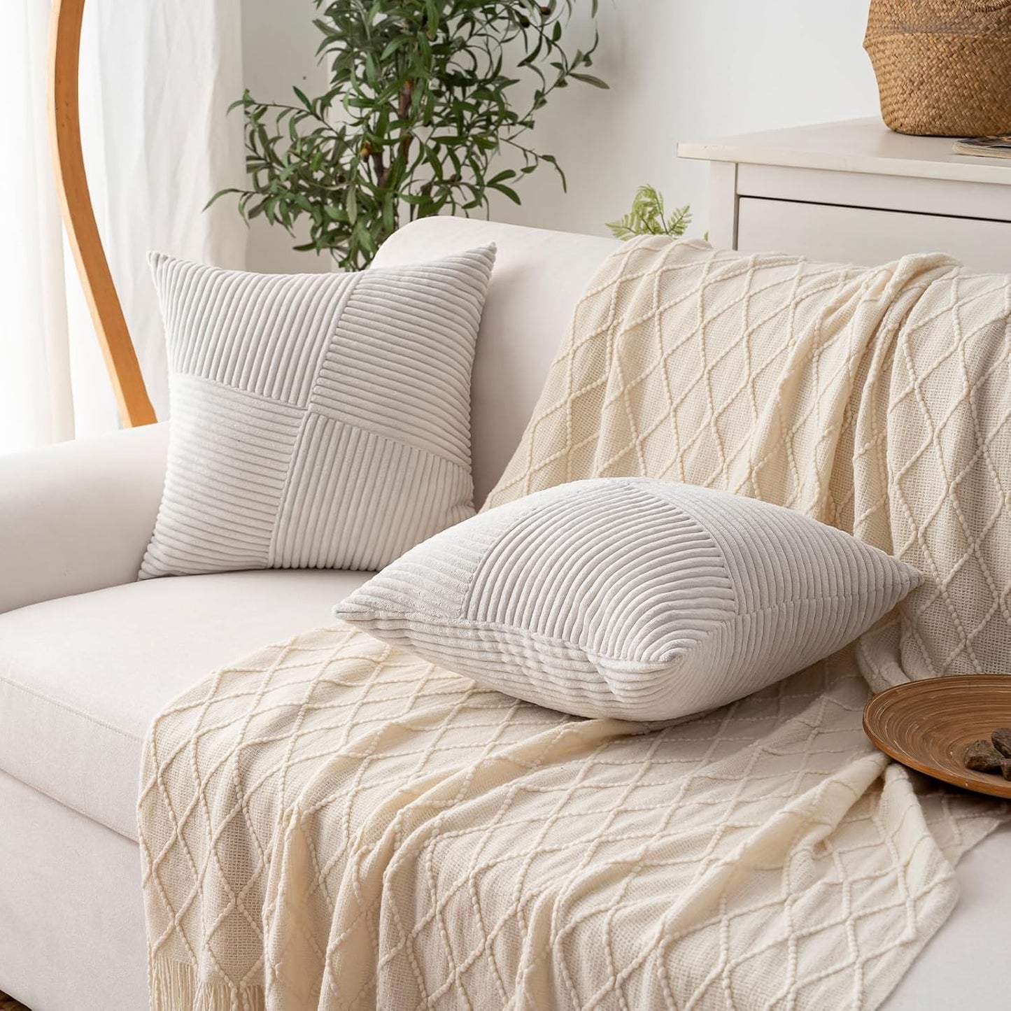 Skiennix Decorative Throw Pillow Covers - Set of 2, 18x18 Inch Boho Farmhouse Cushion Cases | Soft Cream White Corduroy