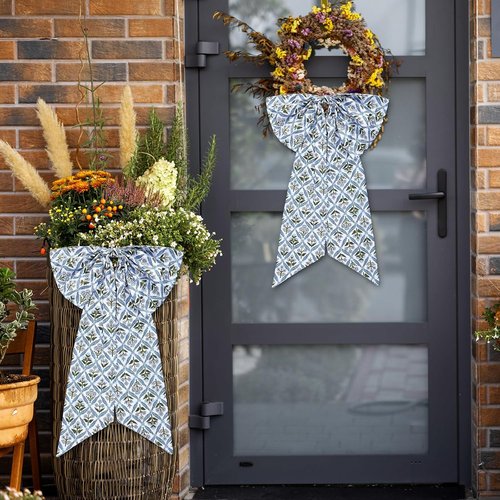 HunnmingRe Christmas Wreath Sash - 24 x 16 Inch Blue Block Print Bow for Indoor/Outdoor Decor