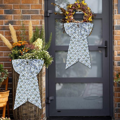 HunnmingRe Christmas Wreath Sash - 24 x 16 Inch Blue Block Print Bow for Indoor/Outdoor Decor