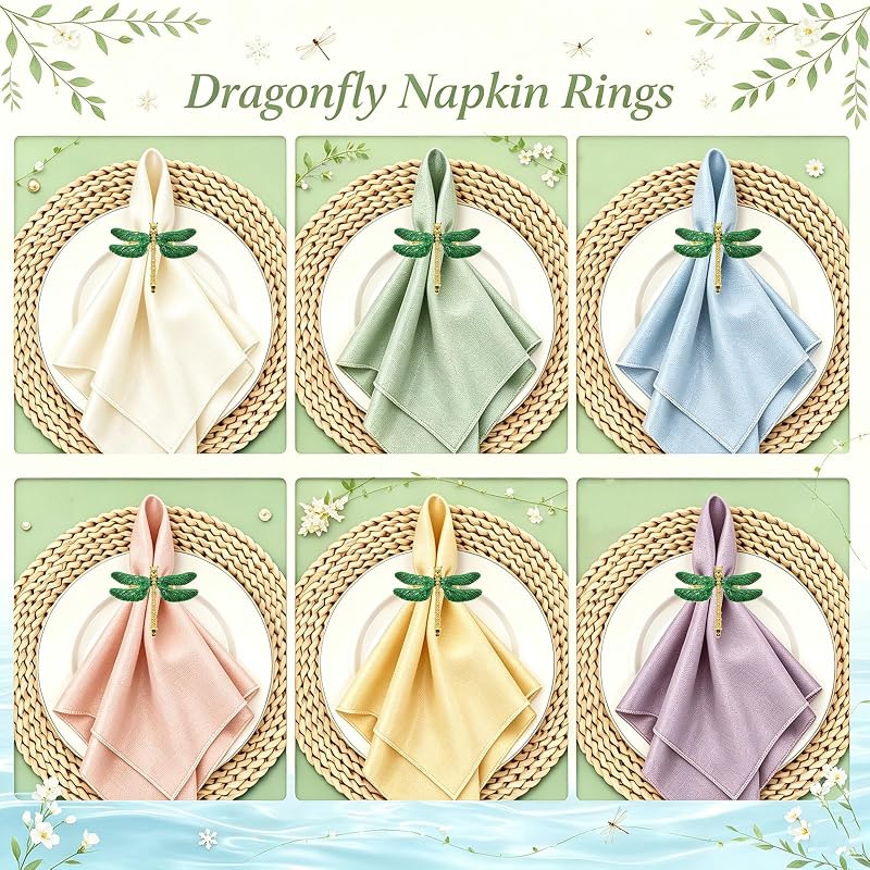 Dragonfly Napkin Rings Set of 6 - Gold Tone Napkin Holders for Fall & Holiday Tables