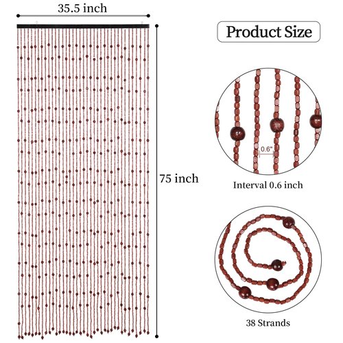 Foreate Handmade Beaded Curtains for Doorway Natural Wood Beaded Curtains Hippie Curtain for Hallway, 35.5 x 75 Inches Door Curtains Room Divider Bohemian Home Decor, Brown