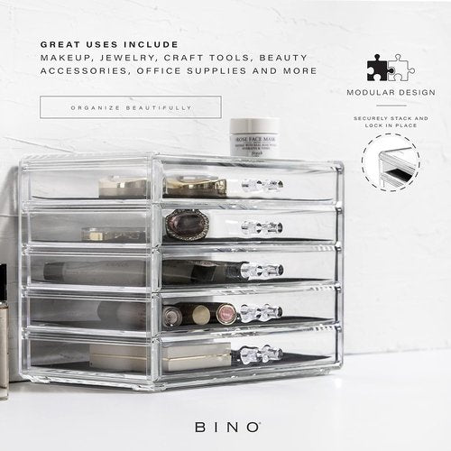BINO The Manhattan Series Acrylic Makeup Drawer Organizer - 5 Clear Drawers for Beauty Storage | Cosmetic & Jewelry Organizer