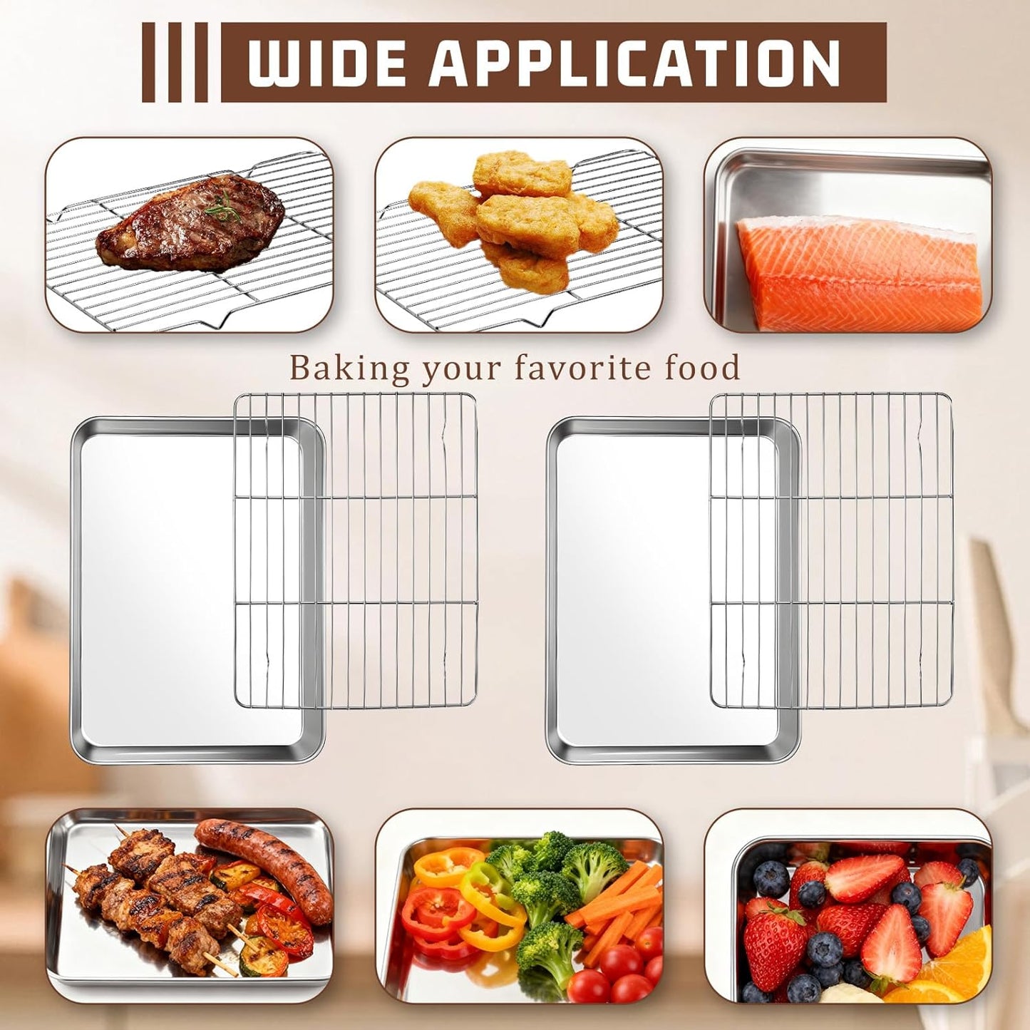 Stainless Steel Baking Sheet Set by [Brand Name] - 2 Pans & 2 Racks | Rust-Free, Nonstick, 12.4 x 9.6 Inches