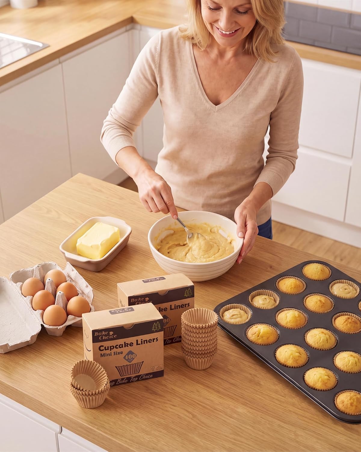 Bake Choice Mini Cupcake Liners - 400 Pcs Non-Stick Natural Parchment for Muffin Pans | Greaseproof