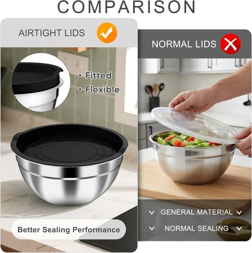 HaWare Mixing Bowls - 6-Piece Stainless Steel Set with Airtight Lids | Stackable Design, Black, 4.6QT, 3QT, 1.5QT